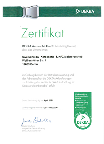 Zertifikat Dekra Kfz-Meisterbetrieb Uwe Schalow
