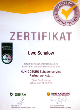 Dekra Zertifikat Uwe Schalow Werkstatt